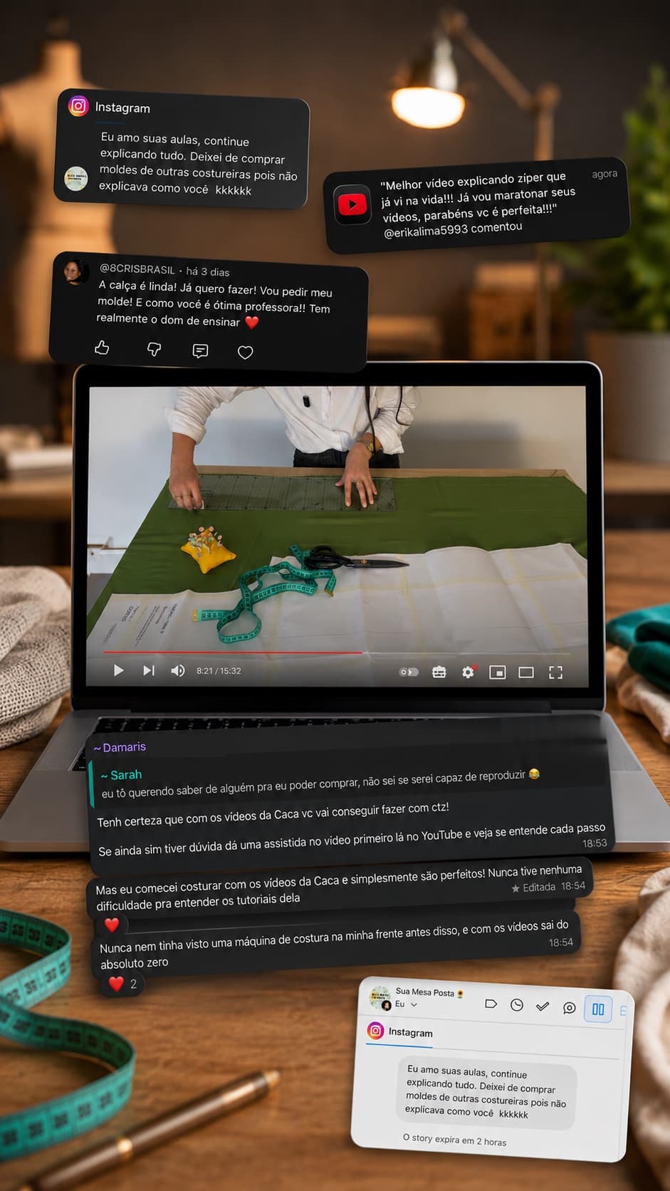 Uma videoaula aberta no notebook, cercada de comentários de alunas sobre as aulas e a didática